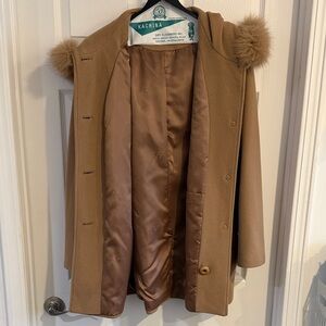 Sachi Tan Pea Coat with Fox Fur trimmed hood